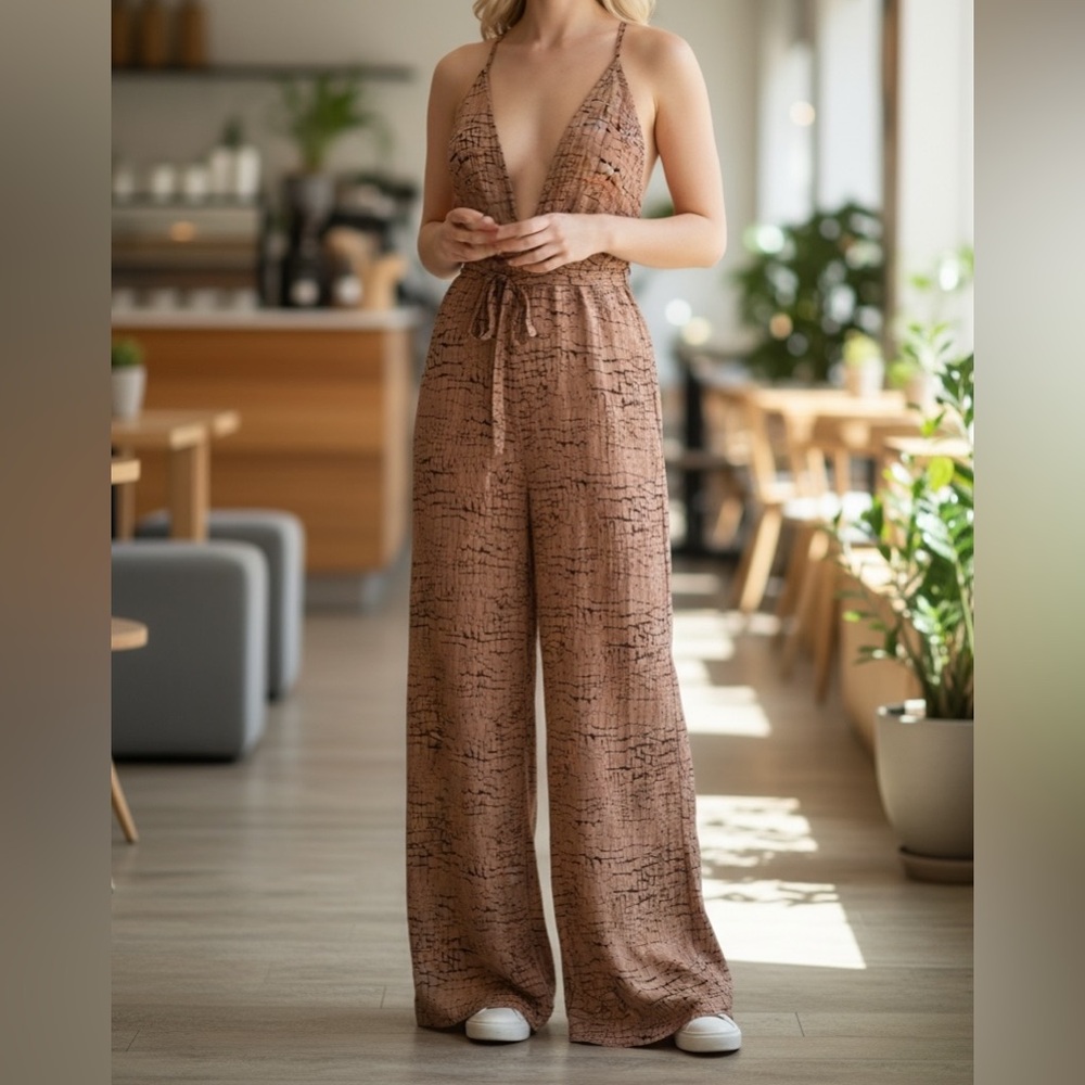 PrettyLittleThing Brown Plunge Wide Leg Jumpsuit | Strappy Back | Size 6 - Picture 8 of 10